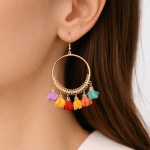 Boho Rainbow Tassel Hoop Earrings